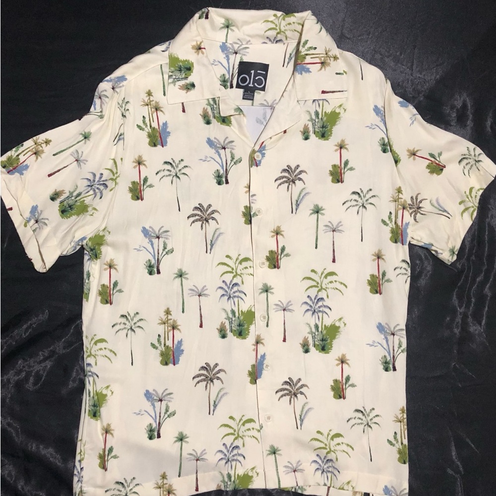Cream and Green Casual Button Down Shirt with Tropical Print
